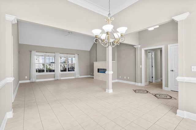 2511 Parkwood Dr, Panama City, FL 32405 - unfurnished living room featuring light tile patterned floors, baseboards, a notable chandelier, and a fireplace