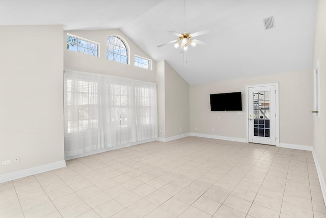 2511 Parkwood Dr, Panama City, FL 32405 - unfurnished living room with light tile patterned floors, visible vents, baseboards, high vaulted ceiling, and ceiling fan