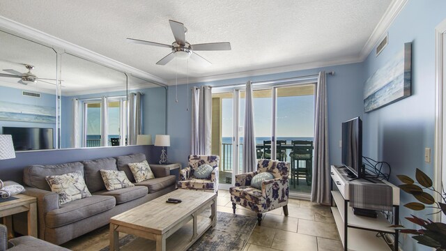10519 Front Beach Rd Unit 1904B, Panama City Beach, FL 32407 - tiled living area with a textured ceiling, crown molding, visible vents, and ceiling fan