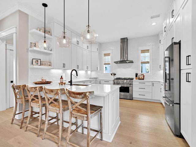 290 White Cottage Rd, Santa Rosa Beach, FL 32459 - kitchen featuring a sink, premium appliances, a peninsula, backsplash, and wall chimney range hood