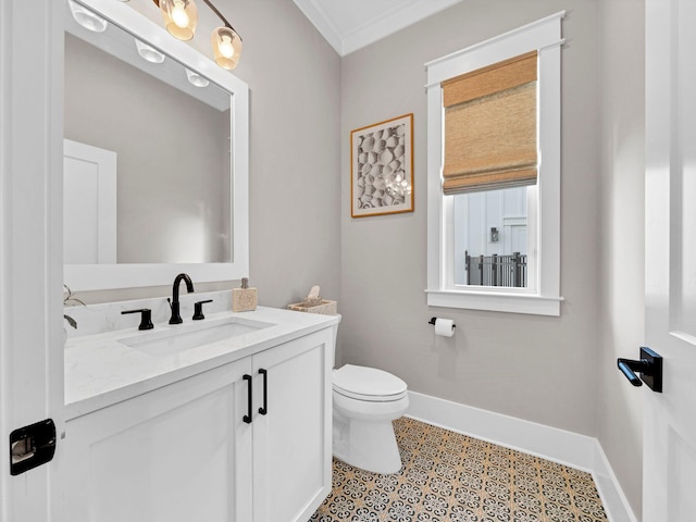 290 White Cottage Rd, Santa Rosa Beach, FL 32459 - half bathroom featuring baseboards, ornamental molding, toilet, and vanity
