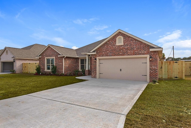 ranch-style home featuring concrete driveway, fence, an attached garage, a front lawn, and brick siding