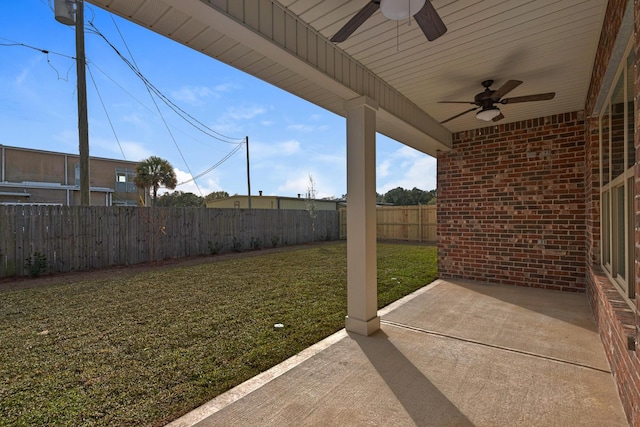 view of patio / terrace featuring a ceiling fan and a fenced backyard