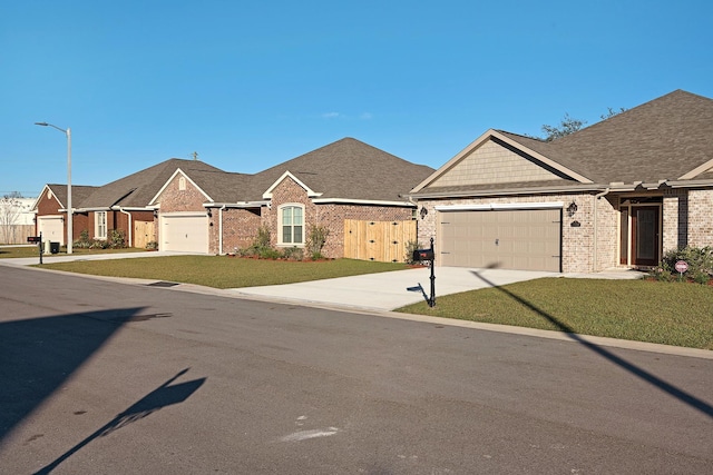 view of front of property featuring fence, a garage, brick siding, a front lawn, and driveway