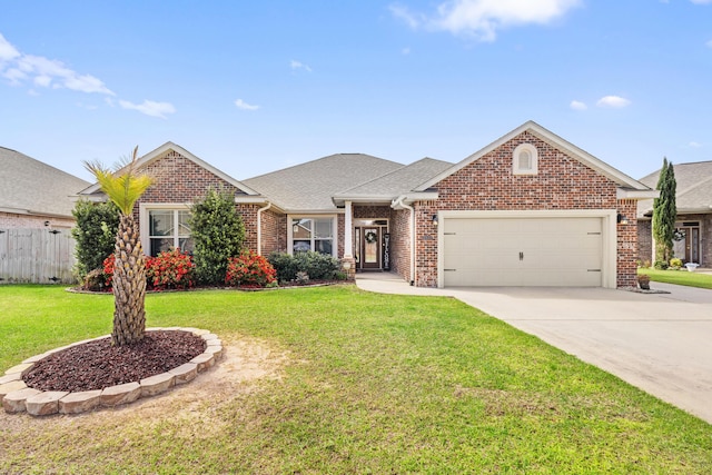 single story home featuring fence, an attached garage, brick siding, a front lawn, and driveway