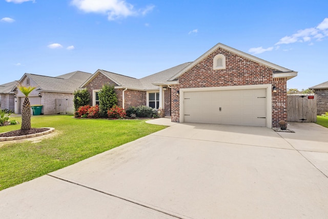 ranch-style house featuring concrete driveway, fence, an attached garage, a front yard, and brick siding