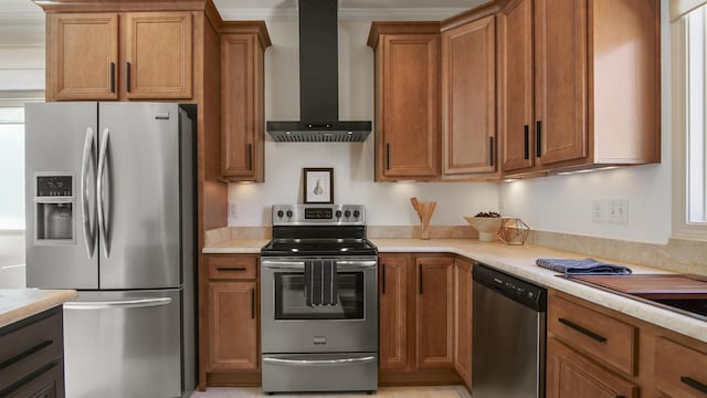 13 Taylor Krenkel Ct, Santa Rosa Beach, FL 32459 - kitchen with wall chimney range hood, light countertops, appliances with stainless steel finishes, and brown cabinets
