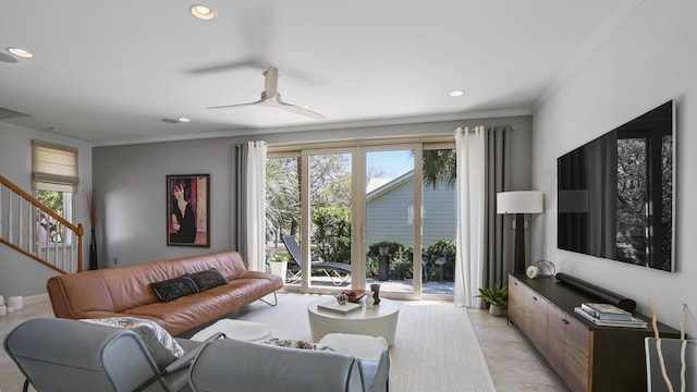 13 Taylor Krenkel Ct, Santa Rosa Beach, FL 32459 - living room featuring stairs, ceiling fan, recessed lighting, and ornamental molding