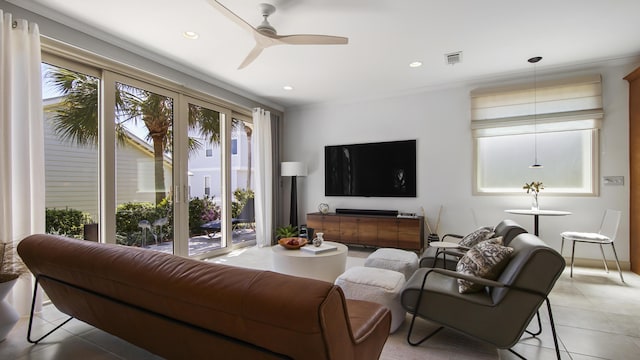 13 Taylor Krenkel Ct, Santa Rosa Beach, FL 32459 - living area featuring light tile patterned flooring, ceiling fan, visible vents, and recessed lighting