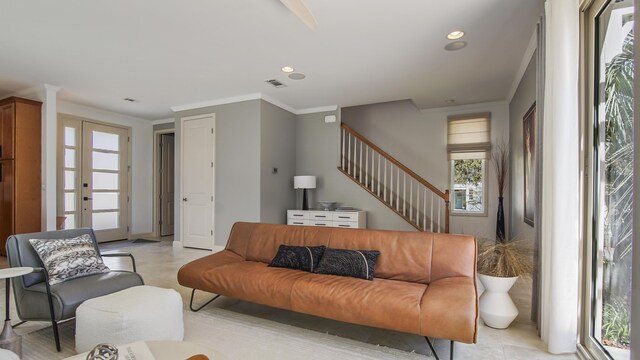 13 Taylor Krenkel Ct, Santa Rosa Beach, FL 32459 - living area with recessed lighting, crown molding, stairs, and visible vents