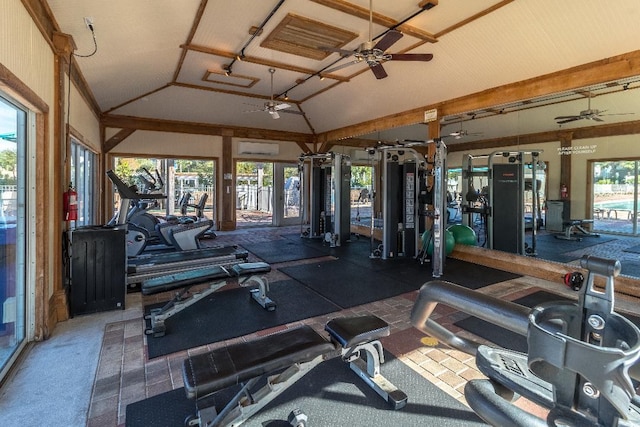 13 Taylor Krenkel Ct, Santa Rosa Beach, FL 32459 - exercise room with plenty of natural light, an AC wall unit, vaulted ceiling, and ceiling fan