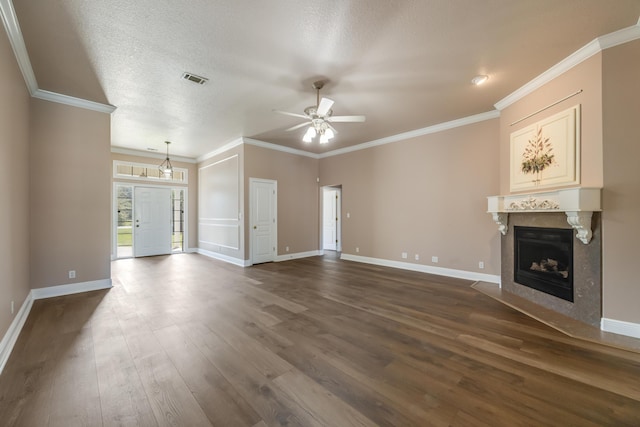 unfurnished living room with a ceiling fan, a fireplace with flush hearth, baseboards, and dark wood-type flooring
