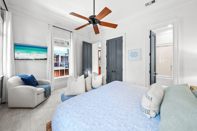 122 W Kingston Rd, Rosemary Beach, FL 32461 - bedroom with connected bathroom, visible vents, ceiling fan, and carpet floors