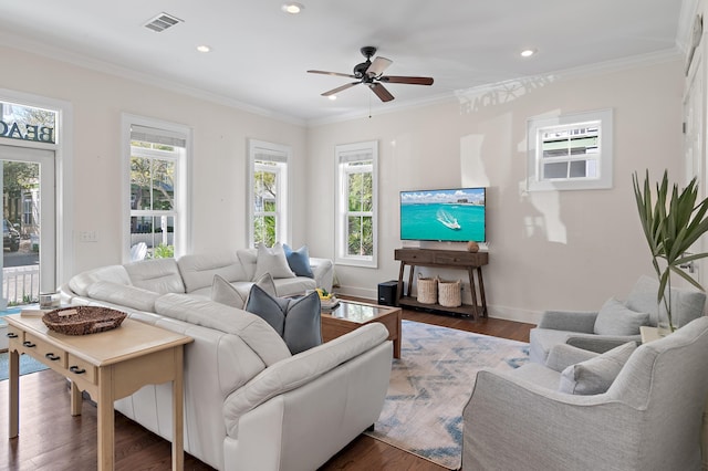 68 N Ryan St, Santa Rosa Beach, FL 32459 - living room with ceiling fan, visible vents, ornamental molding, and dark wood finished floors