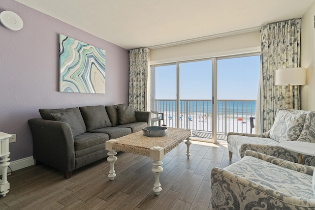 790 Santa Rosa Blvd Unit 403, Fort Walton Beach, FL 32548 - living area featuring a water view, baseboards, a view of the beach, and wood finished floors
