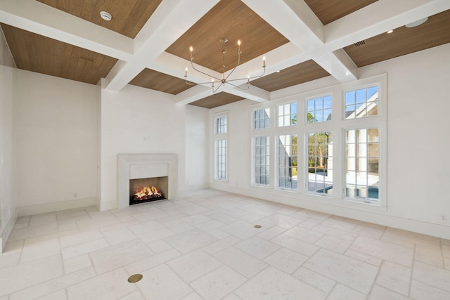 342 Windsong Dr, Inlet Beach, FL 32461 - unfurnished living room with coffered ceiling, baseboards, beamed ceiling, and wood ceiling