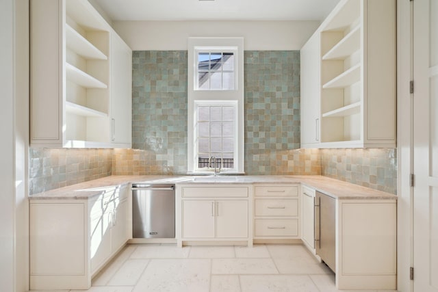 342 Windsong Dr, Inlet Beach, FL 32461 - kitchen featuring light countertops, tasteful backsplash, a sink, open shelves, and stainless steel dishwasher