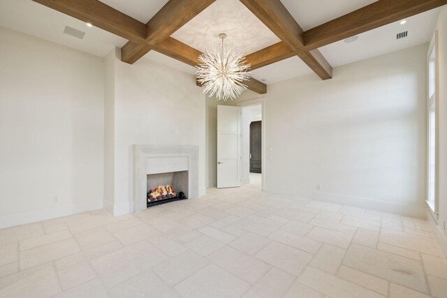 342 Windsong Dr, Inlet Beach, FL 32461 - unfurnished living room with an inviting chandelier, baseboards, and beamed ceiling