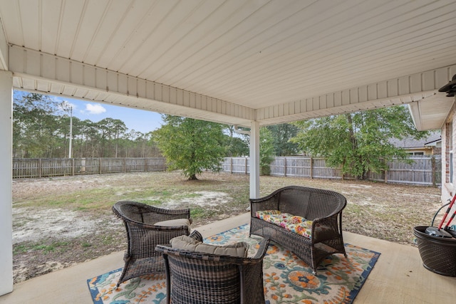 view of patio / terrace with an outdoor hangout area and a fenced backyard