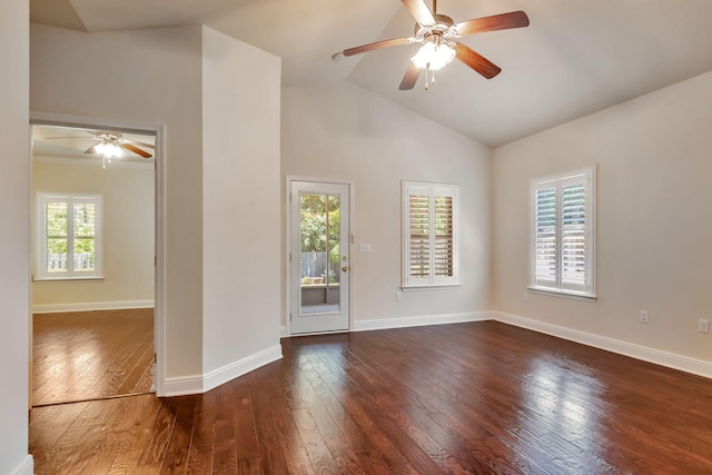 256 Cocobolo Dr, Santa Rosa Beach, FL 32459 - empty room featuring hardwood / wood-style flooring, baseboards, vaulted ceiling, and ceiling fan