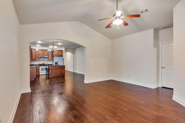 256 Cocobolo Dr, Santa Rosa Beach, FL 32459 - unfurnished living room with arched walkways, vaulted ceiling, visible vents, and ceiling fan with notable chandelier