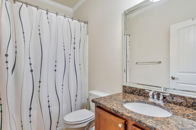 256 Cocobolo Dr, Santa Rosa Beach, FL 32459 - bathroom featuring a shower with shower curtain, crown molding, toilet, and vanity