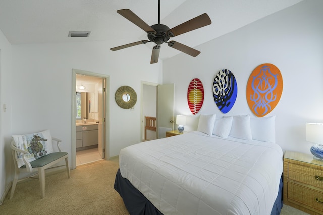 9815 W US Highway 98 Unit 215, Miramar Beach, FL 32550 - bedroom with a ceiling fan, vaulted ceiling, visible vents, carpet floors, and a sink