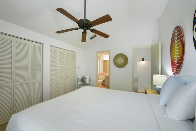 9815 W US Highway 98 Unit 215, Miramar Beach, FL 32550 - bedroom featuring two closets, connected bathroom, a ceiling fan, visible vents, and lofted ceiling