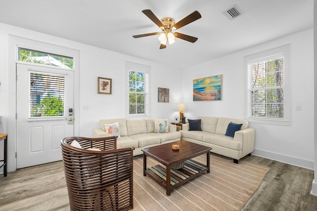 198 Somerset Bridge Rd Unit 117, Santa Rosa Beach, FL 32459 - living room with baseboards, light wood-style flooring, visible vents, and ceiling fan