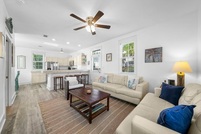 198 Somerset Bridge Rd Unit 117, Santa Rosa Beach, FL 32459 - living area featuring visible vents, light wood-style flooring, baseboards, recessed lighting, and a ceiling fan