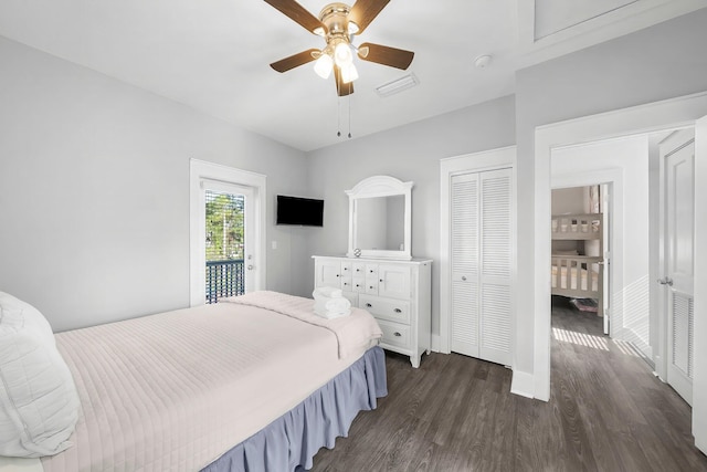 198 Somerset Bridge Rd Unit 117, Santa Rosa Beach, FL 32459 - bedroom with access to outside, dark wood-style floors, visible vents, a ceiling fan, and a closet