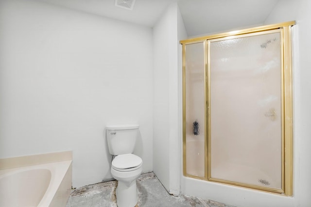 680 Mallet Bayou Rd, Freeport, FL 32439 - bathroom with a bath, visible vents, toilet, unfinished concrete floors, and a stall shower