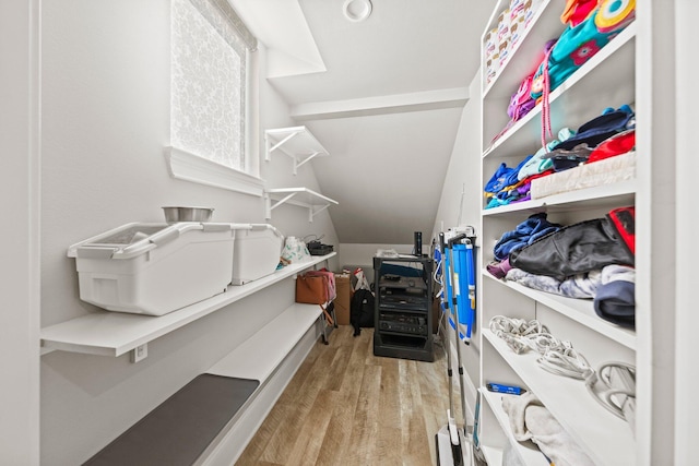 walk in closet featuring wood finished floors and vaulted ceiling