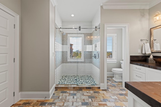 full bathroom with toilet, a stall shower, and vanity