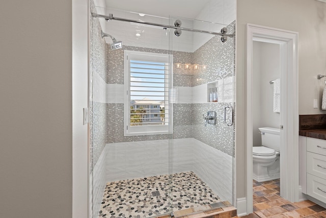 bathroom featuring a stall shower and toilet