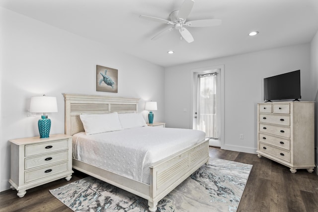 bedroom featuring access to outside, dark wood-style flooring, a ceiling fan, and recessed lighting