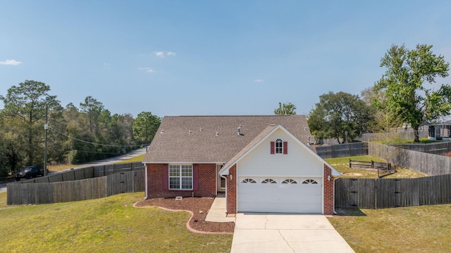 view of front of house with fence, a garage, a front yard, brick siding, and driveway