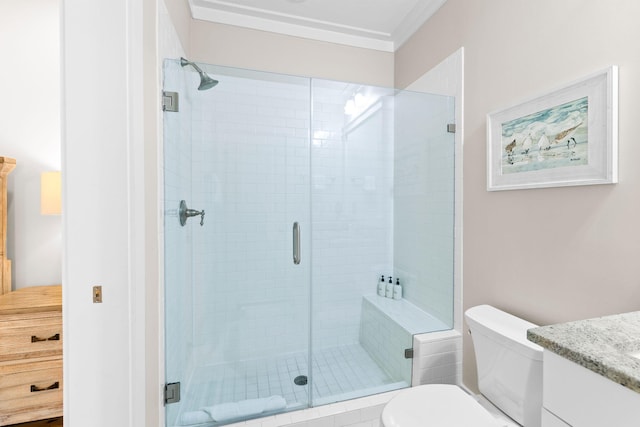 full bath featuring a shower stall, toilet, and vanity