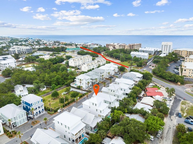 drone / aerial view with a water view