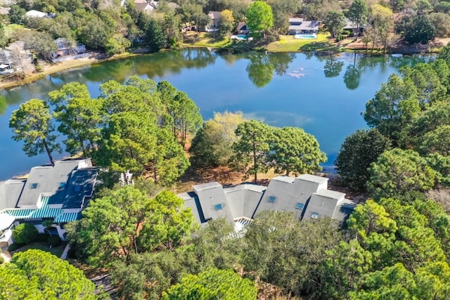 drone / aerial view featuring a water view