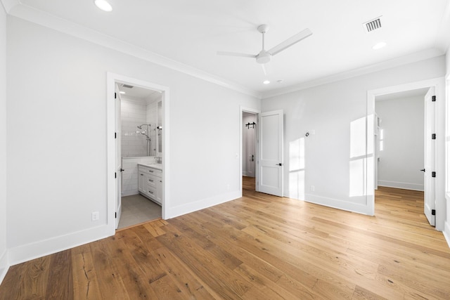 unfurnished bedroom featuring light wood finished floors, baseboards, visible vents, ornamental molding, and recessed lighting