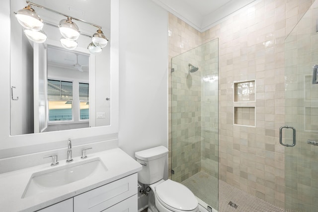bathroom with a shower stall, toilet, and vanity