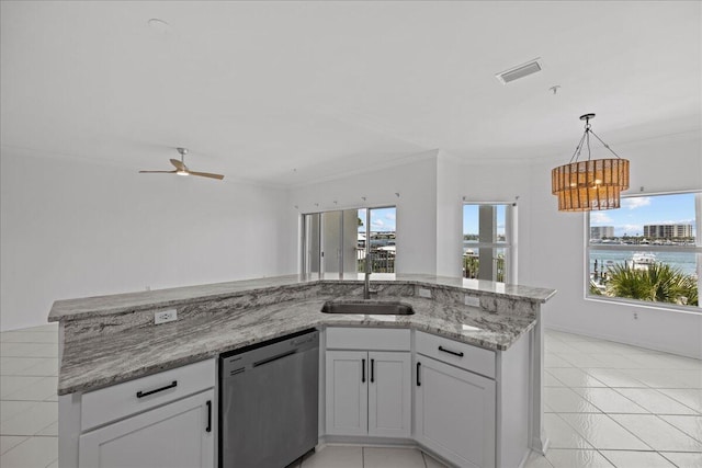 212 Harbor Blvd Unit 205, Destin, FL 32541 - kitchen with dishwashing machine, a sink, healthy amount of natural light, ceiling fan, and ornamental molding