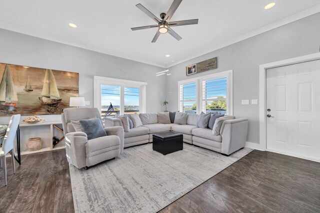 living room with a wealth of natural light, wood finished floors, and ceiling fan