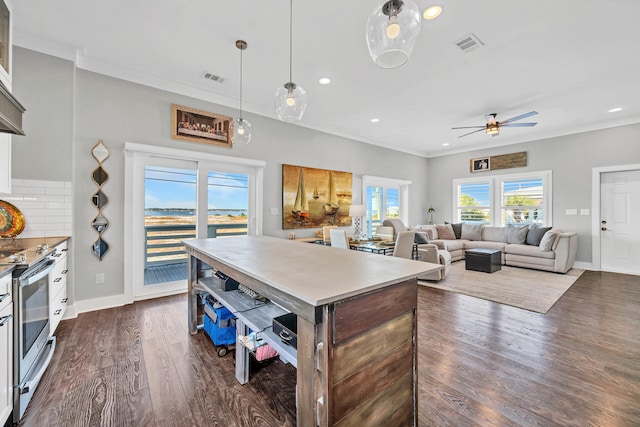 kitchen with visible vents, stainless steel electric stove, ceiling fan, and dark wood-style flooring