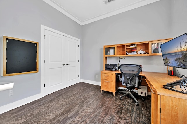 office space featuring baseboards, visible vents, dark wood-style flooring, and crown molding
