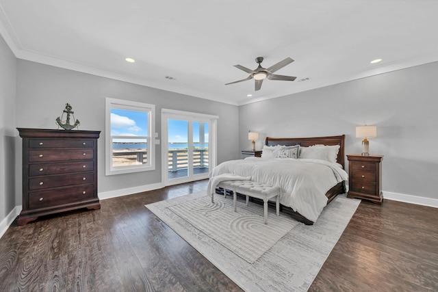 bedroom featuring ornamental molding, access to exterior, and baseboards