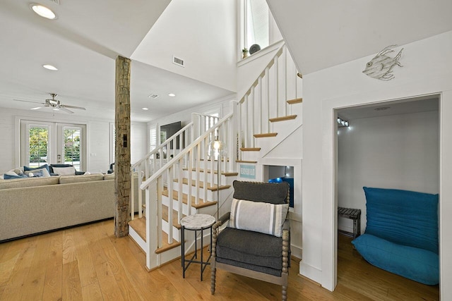 54 Dune Dr, Santa Rosa Beach, FL 32459 - stairs featuring visible vents, wood finished floors, ceiling fan, and recessed lighting