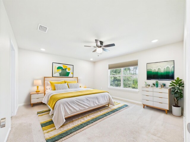 643 Earl Godwin Rd, Freeport, FL 32439 - bedroom with baseboards, carpet floors, recessed lighting, and a ceiling fan