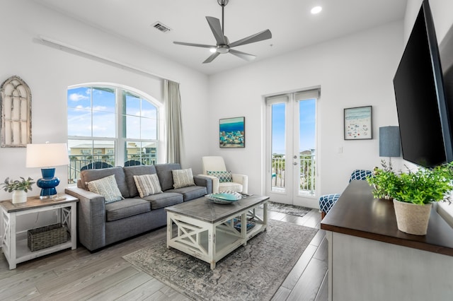 1740 S County Highway 393 # 301, Santa Rosa Beach, FL 32459 - living area featuring visible vents, recessed lighting, a ceiling fan, light wood-style floors, and french doors